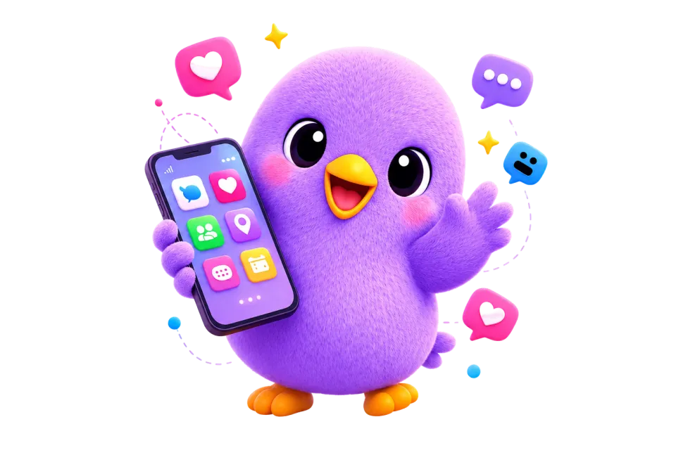 Weefou mascot holding a phone with the Weefou social app